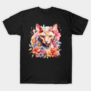 A sphynx cat decorated with beautiful watercolor flowers T-Shirt